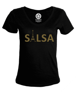 T-shirt col v femme salsa tour eiffel doré Los Yumas De Cuba noir
