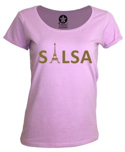 T-shirt-femme-col-rond-parme-salsa-tour-eiffel-dore-Los-Yumas-De-Cuba