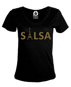 T-shirt-femme-col-v-salsa-tour-eiffel-dore-noir-Los-Yumas-De-Cuba