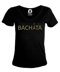 T-shirt-femme-col-V-noir-bachata-tour-eiffel-dore-Los-Yumas-De-Cuba