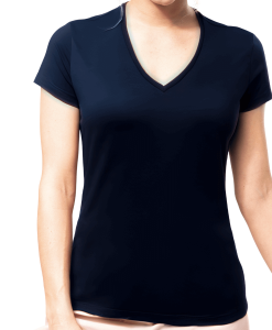 t-shirt femme coton bio col V bleu nuit mannequin face
