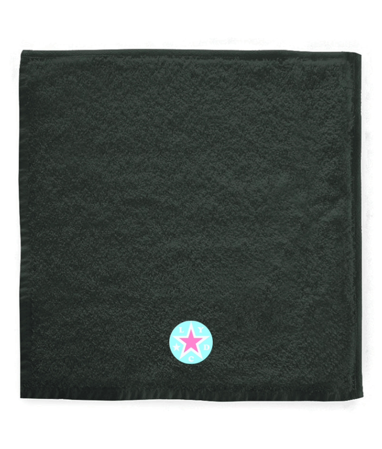 Serviette SBK danse carré gris anthracite Logo broderie LYDC bleu ciel rose bonbon clair 30x30