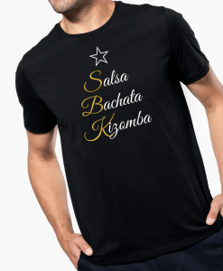 Tee shirt homme SBK Salsa Bachata Kizomba Los Yumas De Cuba doré blanc noir étoile mannequin coton bio