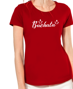 T-shirt bachata femme fleurs Los Yumas De Cuba mannequin rouge coton biologique