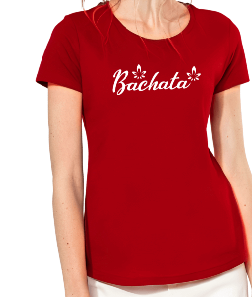 T-shirt bachata femme fleurs Los Yumas De Cuba mannequin rouge coton biologique