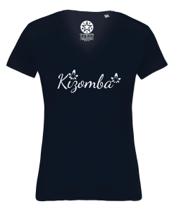 T-shirt kizomba femme fleurs Los Yumas De Cuba col V coton bio bleu navy