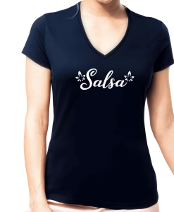 T-shirt femme salsa fleurs Los Yumas De Cuba mannequin coton bio col V bleu marine navy nuit