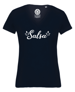 T-shirt salsa femme fleurs Los Yumas De Cuba coton bio col V bleu marine navy nuit